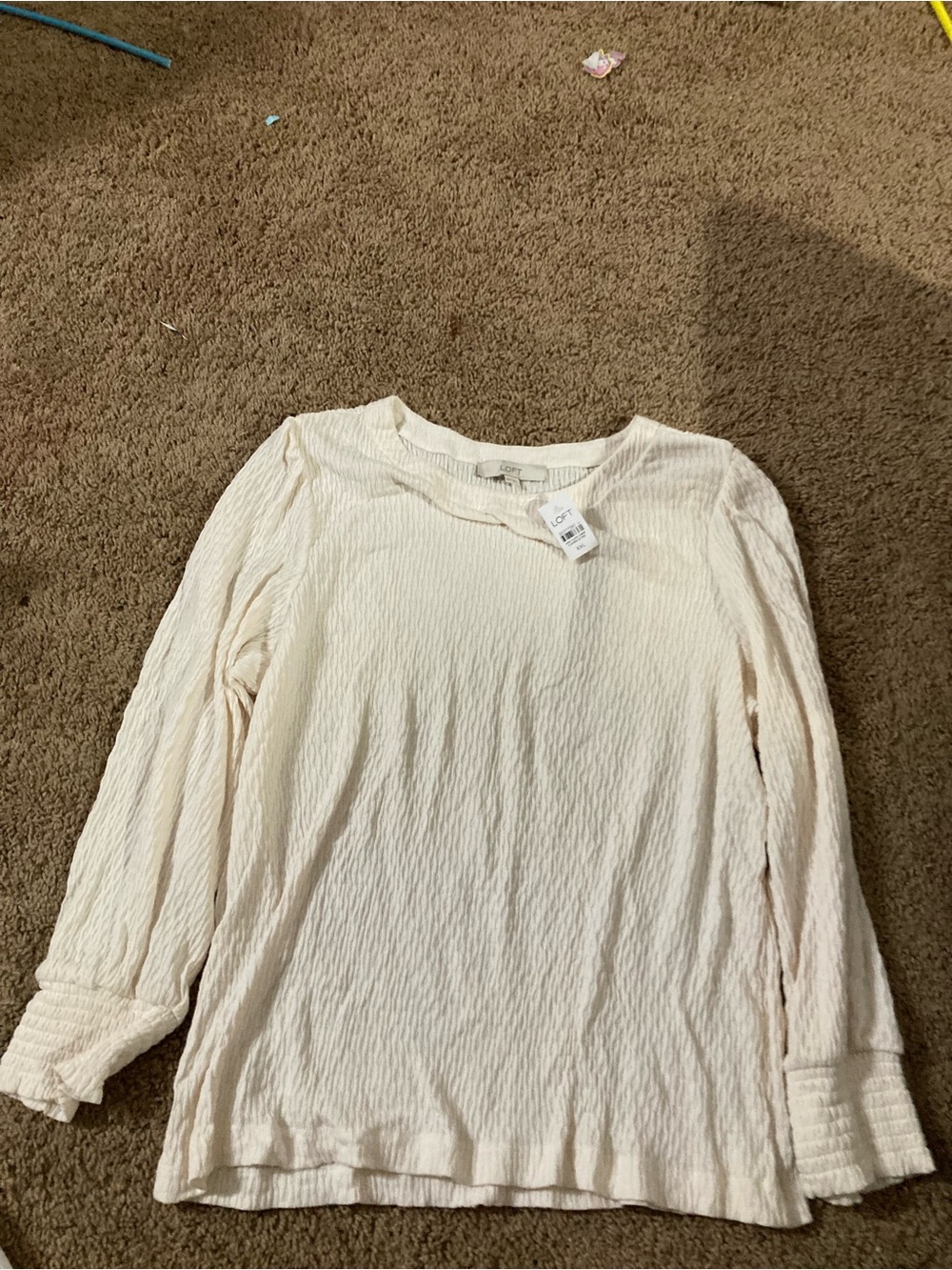 LOFT Cream Textured Long-Sleeve Blouse